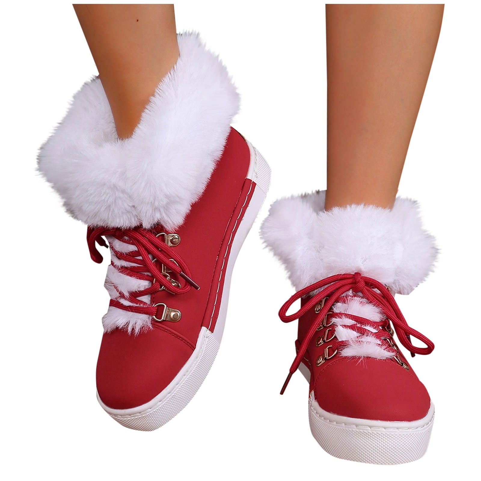 Dasayo Booties for Women Red Hiking Furry Ankle Flat Heel Faux Leather Lace up Winter Shoes Ladies Shoes 40