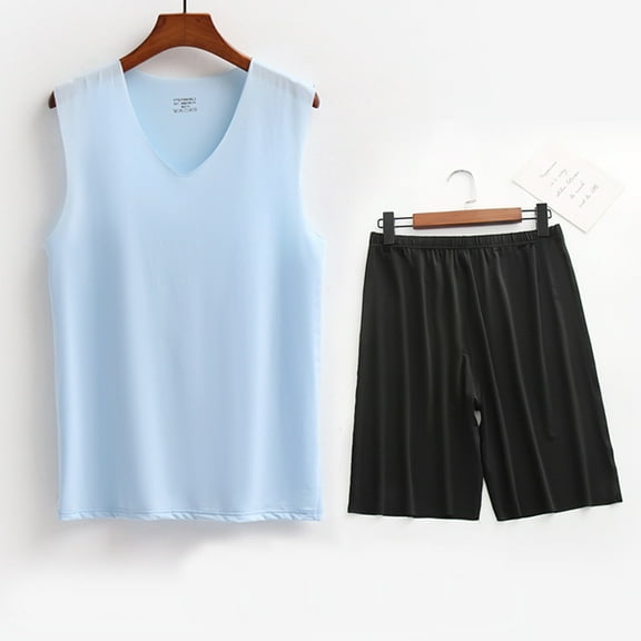 L-5X Plus Size Mens Silk Pajama Sets Big & Tall Loungewear Outfits Lightweight Solid Stretchy Tank Tops and Shorts Athletic Workout Suits