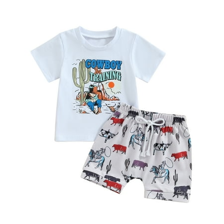 

Elippeo Baby Boys Summer 2-Piece Clothing 6M 12M 18M 24M 3Y Western Print Short Sleeve T-Shirt and Elastic Shorts Outfits Set