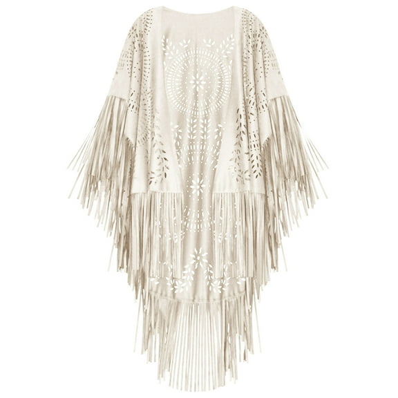 WREESH Women's Suede Cloak Shawl With Hollow Fringe, Solid Color Winter Warm Scarf Beige