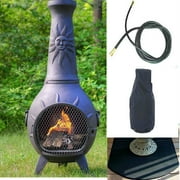 QBC Bundled Blue Rooster Sun Stack Chiminea with Natural Gas Kit, Half Round Flexbile Fire Resistent Chiminea Pad, Free Cover, and 20 ft Gas Line Charcoal Color - Plus Free EGuide