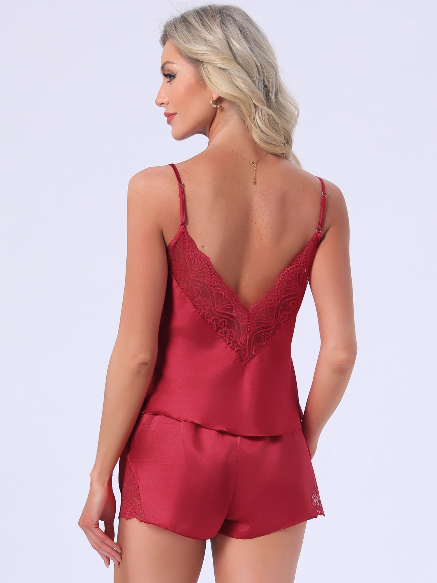 DARING DIVA Women's Satin Pajamas V-Neck Lace Trim Camisole and Shorts Set L Red