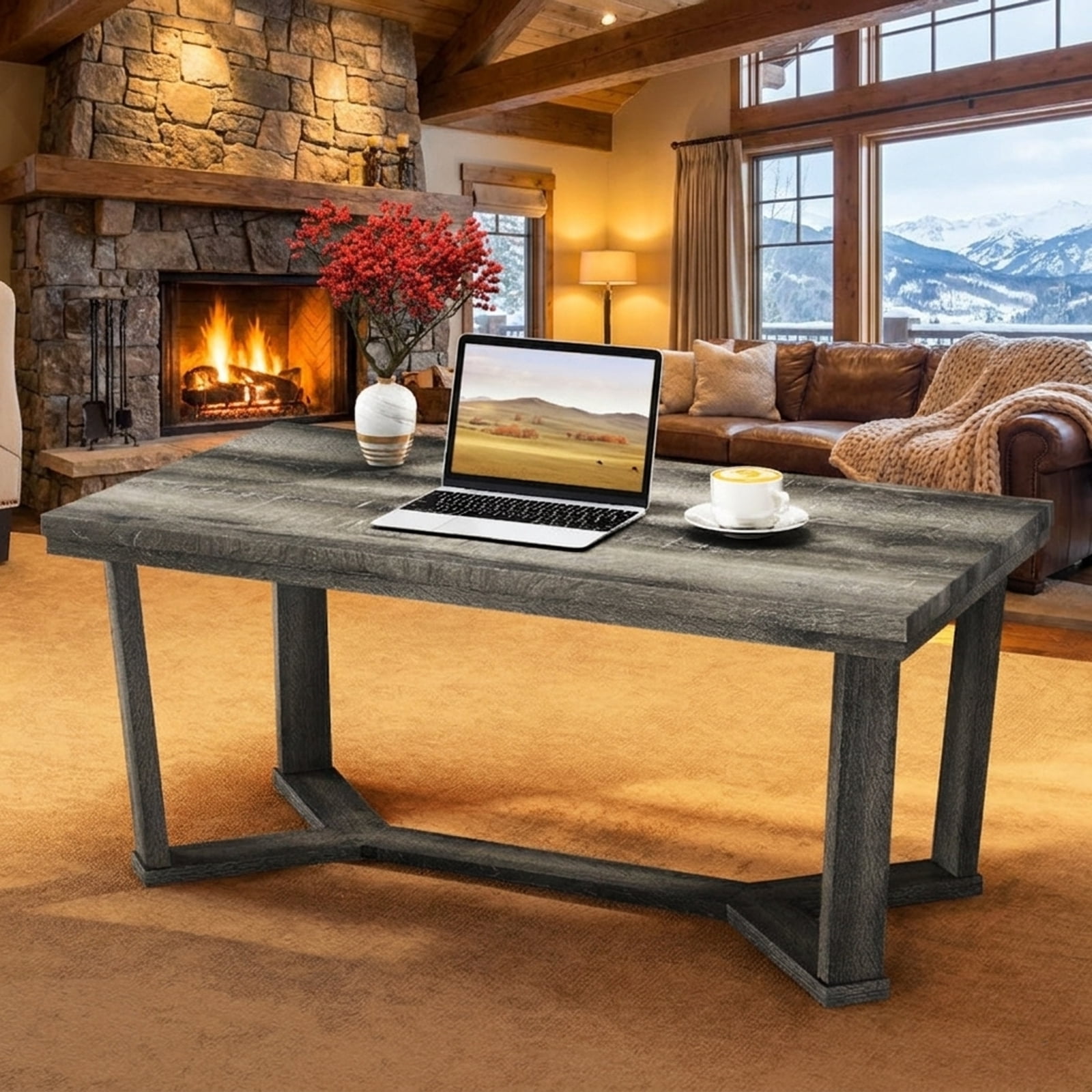 Furnibear Rectangle Coffee Table Rubber Wood Base with Cross-Shaped Base - Gray - Living Room Cocktail Center Table