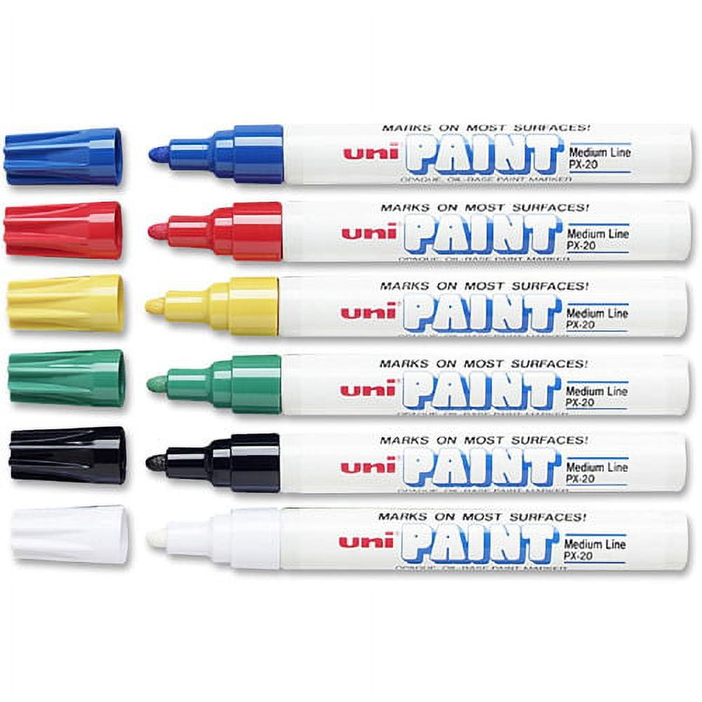 uni-ball Uni-Paint PX-20 Oil-Based Medium Point Marker Medium Marker Point - Assorted, Blue, Red, Green, Yellow, Black Oil Based Ink - White Barrel - 6 / Set