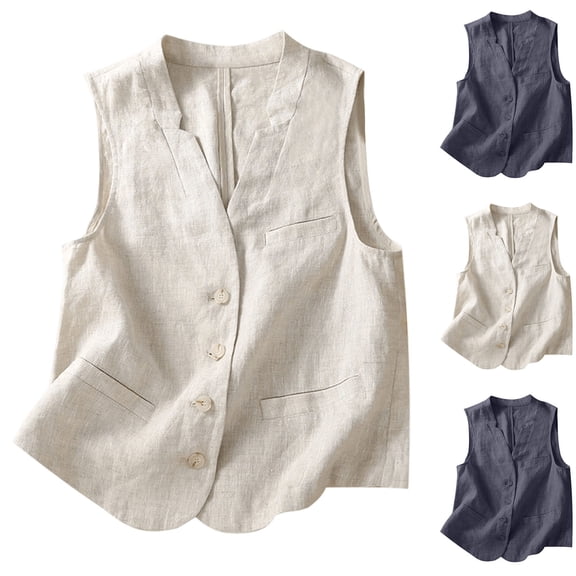 Fancifize Summer Vest for Women V Neck Button Up Lightweight Sleeveless Jackets Vintage Casual Outerwear