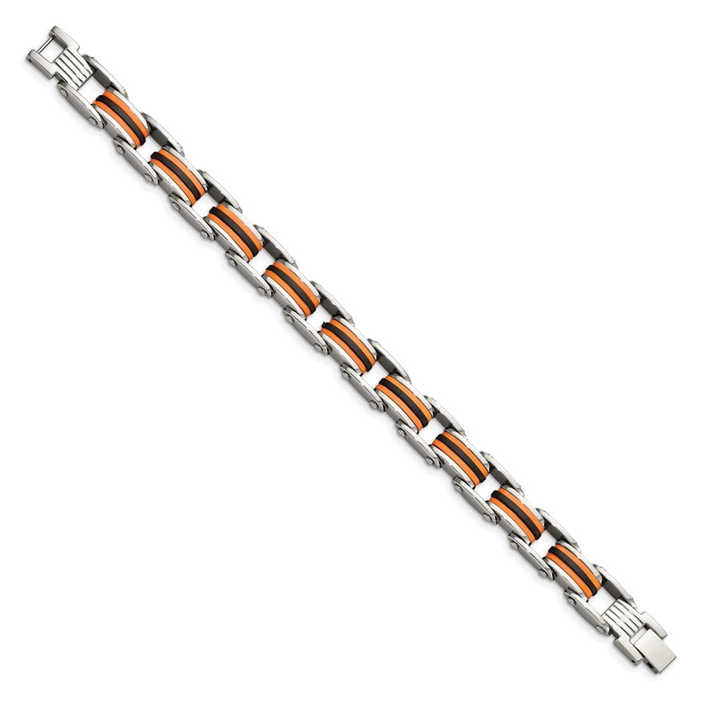 Auriga Fine Jewelry Stainless Steel Polished with Black and Orange Polyurethane 8.75 inch Link Men's Bracelet