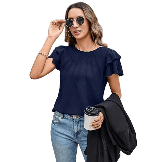 Blusas Elegantes e Informales para Mujer, Blusas de Trabajo, Camisas de Verano, Camisetas de Corta con Cuello Redondo, Trajes 2025, Azul Oscuro, Talla M
