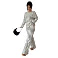thumbnail image 4 of Domzest Womens 2 Piece Sets Crew Neck Long Sleeve Striped Blouse Matching Elastic High WaistWide Leg Pants Casual Spring Fall Outfits Black S, 4 of 5