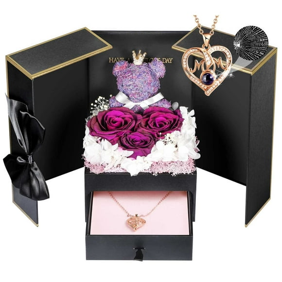 Set de regalo AddWel de rosas auténticas preservadas con collar «I Love You»