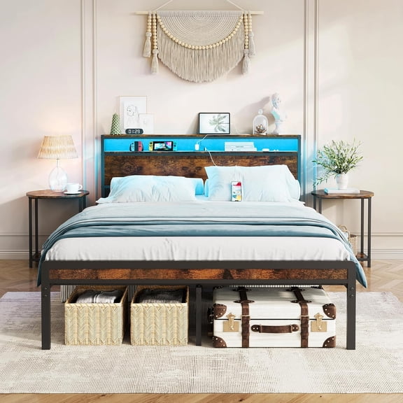 YINGYING Full Size Metal Bed Frame with Headboard & Footboard, Metal Platform Bed Frame with LED Lighting & Charging Station, Heavy Duty Mattress Foundation
