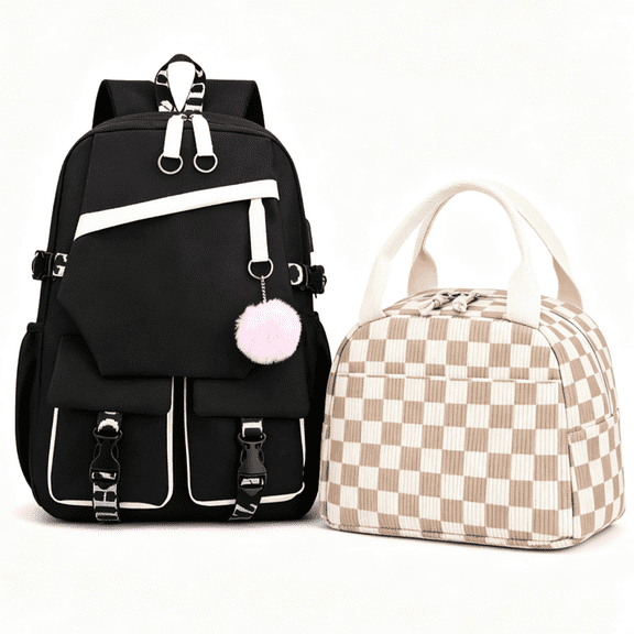 2-Piece Black Laptop Backpack with Pink Pom Pom & Checkered Lunch Tote Set, 15.6-inch Water-Resistant School & Work Combo