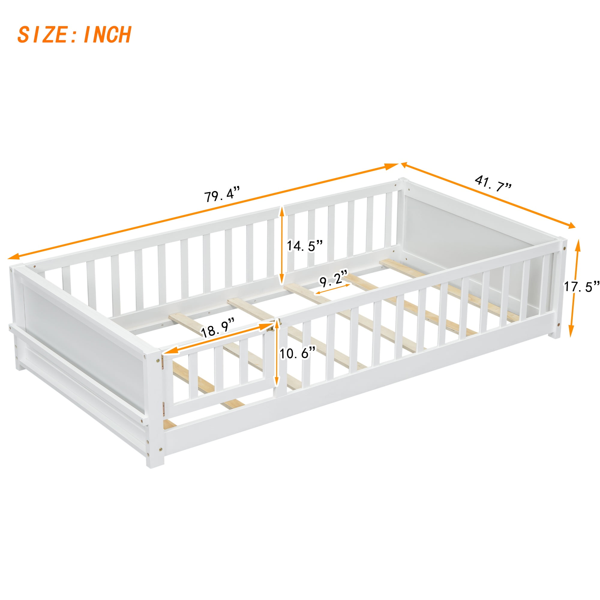 PORKISS Kids Floor Bed, Twin Size Solid Wood Floor Platform Bed with Book Storage Rack, Montessori Bed, With Door - White