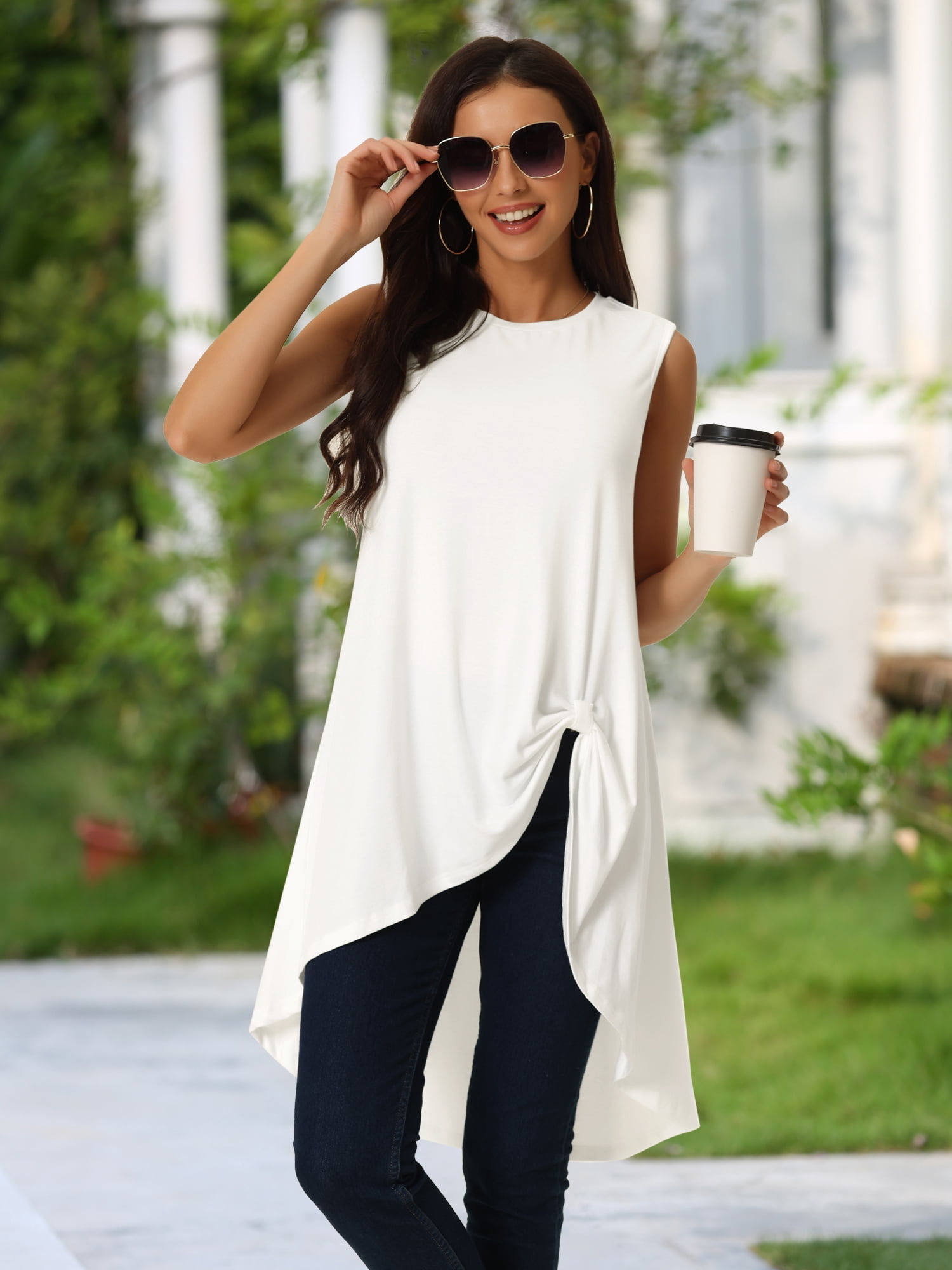 DARING DIVA Women's High Low Hem Crew Neck Sleeveless Tunic Top White S