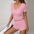 thumbnail image 5 of PNTUTB Women's Solid Color V Neck Slim Short Sleeve Cropped Top with Stretch Shorts Casual Activewear Set, 5 of 6