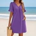 thumbnail image 4 of QIJIE Shift Dress for Women V Neck Short Sleeves Solid Color Casual Flowy Summer Dresses(S-2XL) Purple L, 4 of 5