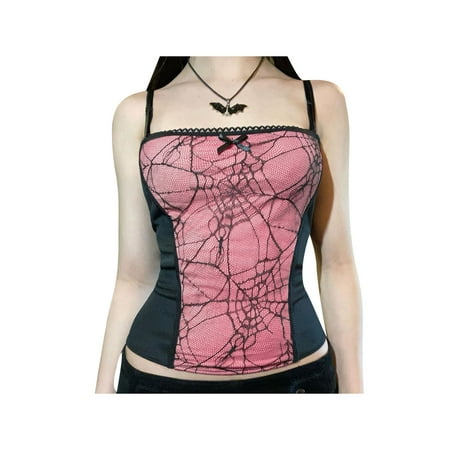 

Ladies Summer Sexy Backless Camisole Girls Creative Spider Web Lace Edge Back Zipper Sleeveless Tops Slim Base Shirt