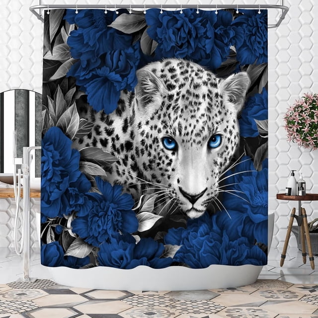 Cortina de ducha con estampado de leopardo y safari africano para decoración de baño, tela de poliéster, 72 x 72 pulgadas (azul)