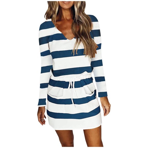 FRSASU Dresses for Women Clearance Summer Long Sleeve V-Neck Stripe Elastic Waist Lace Loose Dress