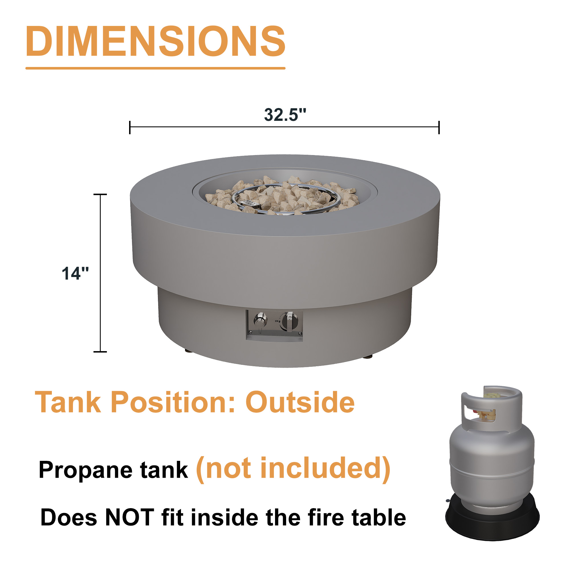 HongTaoK 32.5" Round Propane Free Fire Pit, 50K BTU Magnesium Oxide Outdoor Heater with Lava Rock, Gray