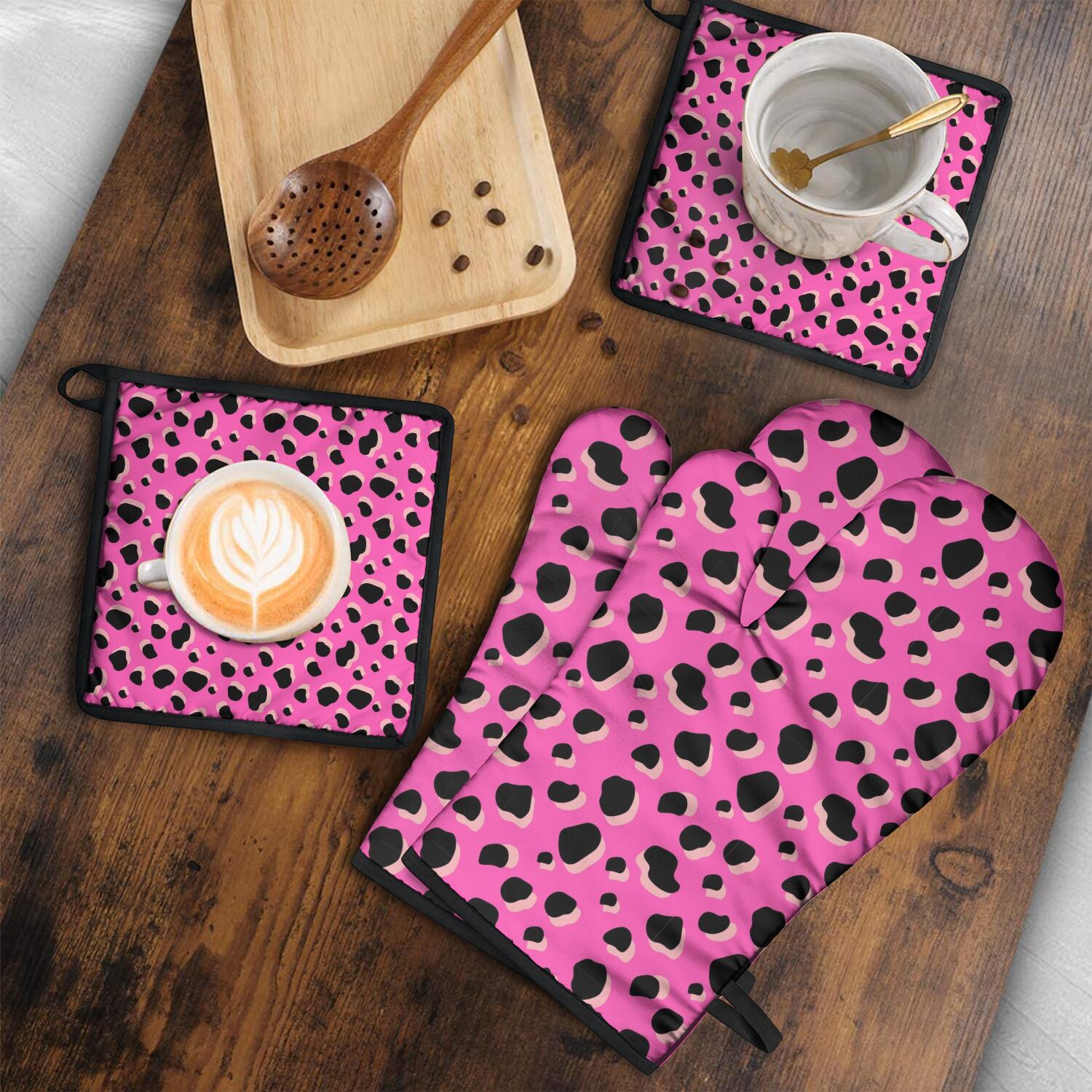 Leopard Print Oven Mitts and Pot Holders Set Of 4, Heat Resistant Kitchen Gloves with Non-Slip Grip, Hanging Loop, Soft Cotton Lining for Baking, Cooking, Grilling, Barbecue