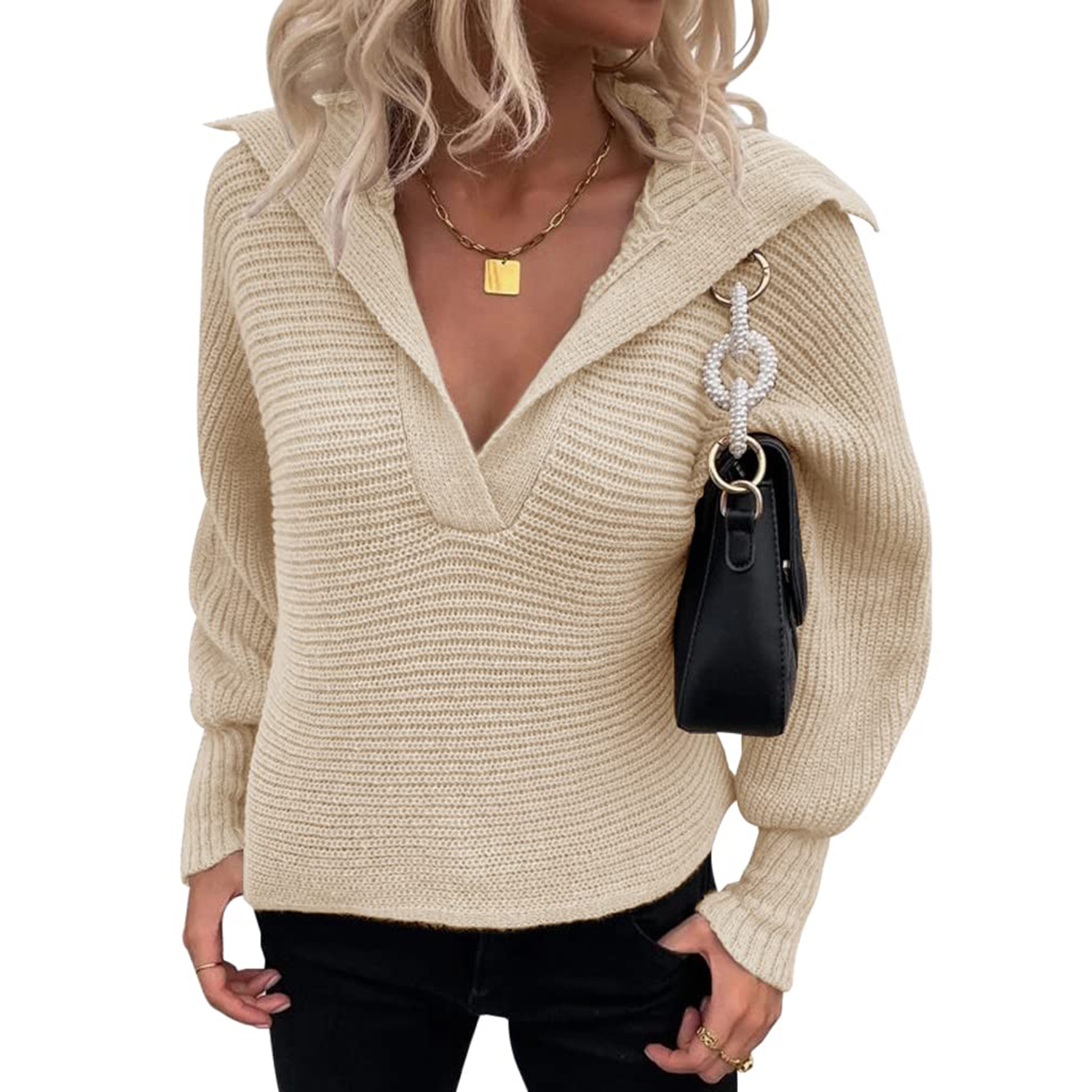 Veatzaer Women's Sweater Long Sleeve Bat Shirt V Neck Solid Color Knit Sweater Casual Pullover
