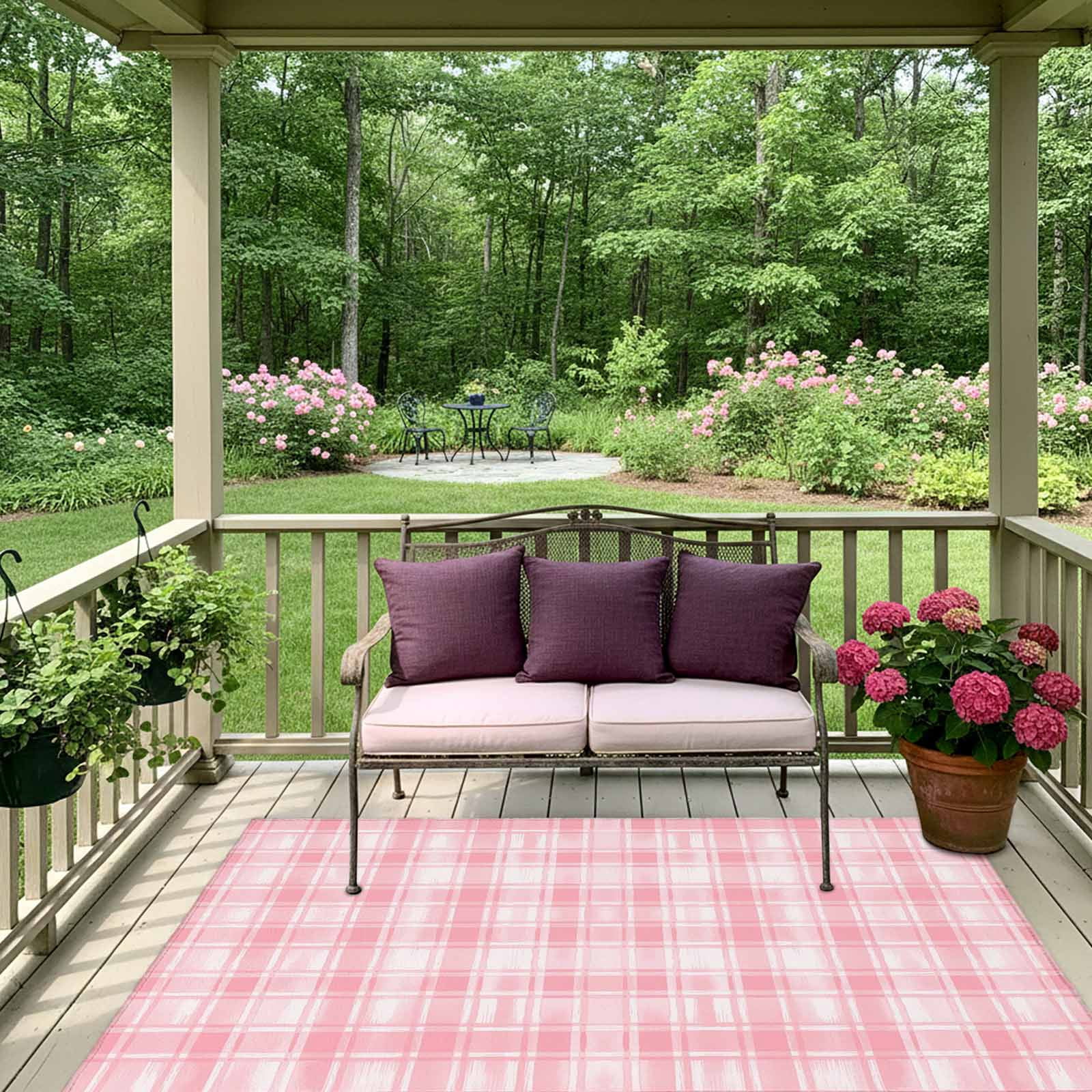 Pink Plaid Outdoor Rug 4x6 Ft, Non Slip Washable Area Rug, Modern Art Checkered Farmhouse Patio Rugs Carpet Runner, Large Floor Mat for Indoor/Outdoor Deck Porch Camping
