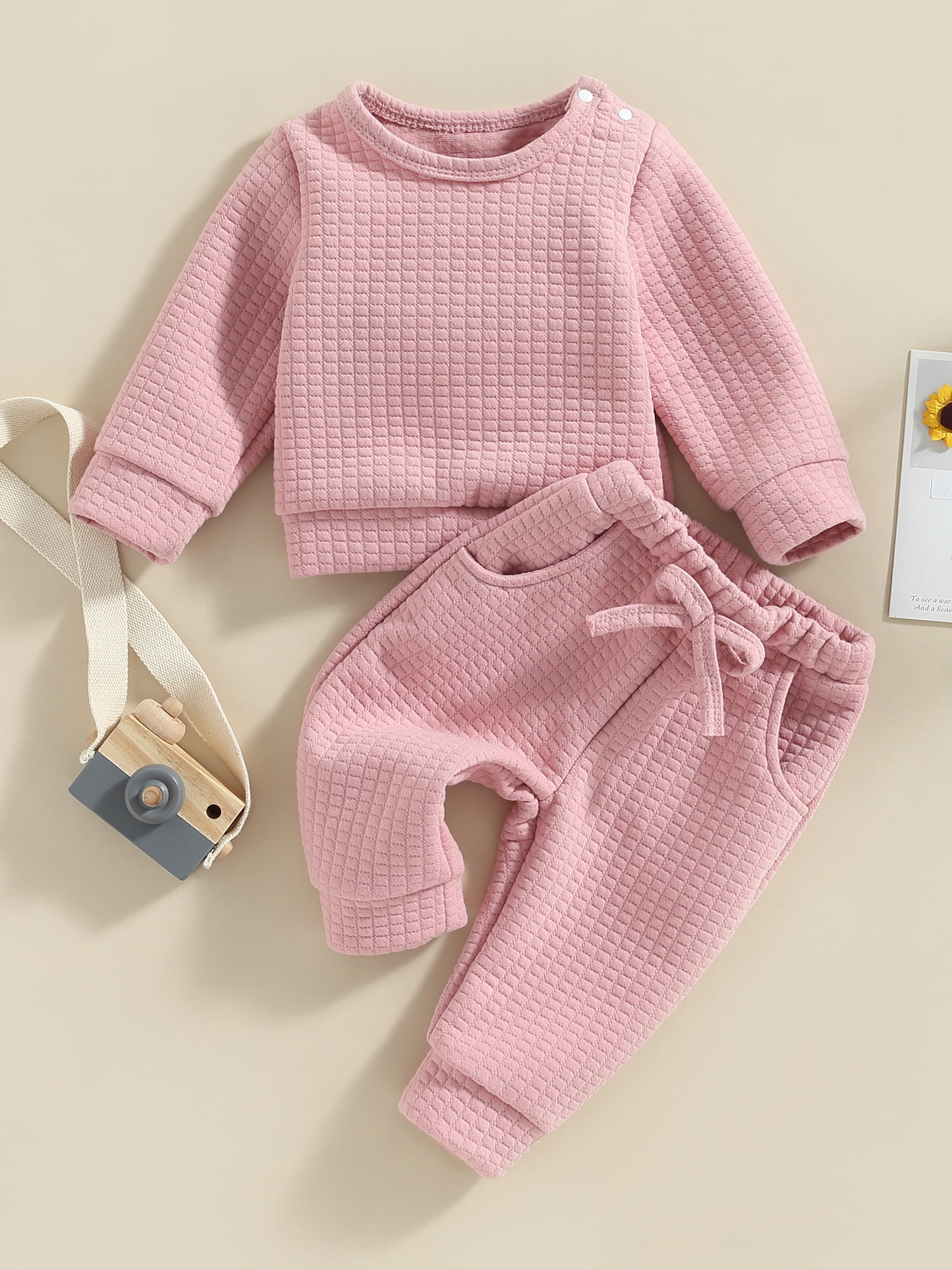 2pcs Baby Girl Pink Waffle Long-sleeve Top and Ruffle Overalls Set