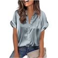 thumbnail image 3 of Women's Solid Color Short Sleeve Button Up Blouse Top Shirt with Turndown Collar Casual Loose Fit Tunic for Business Office Work Daily Wear Fashion Essential Gift for Women, 3 of 9