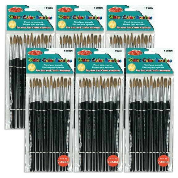 Charles Leonard Water Color Paint Brushes with Round Pointed Tip, # 8, 0.81 Inch, Camel Hair, Black Handle, 12 Per Pack, 6 Packs