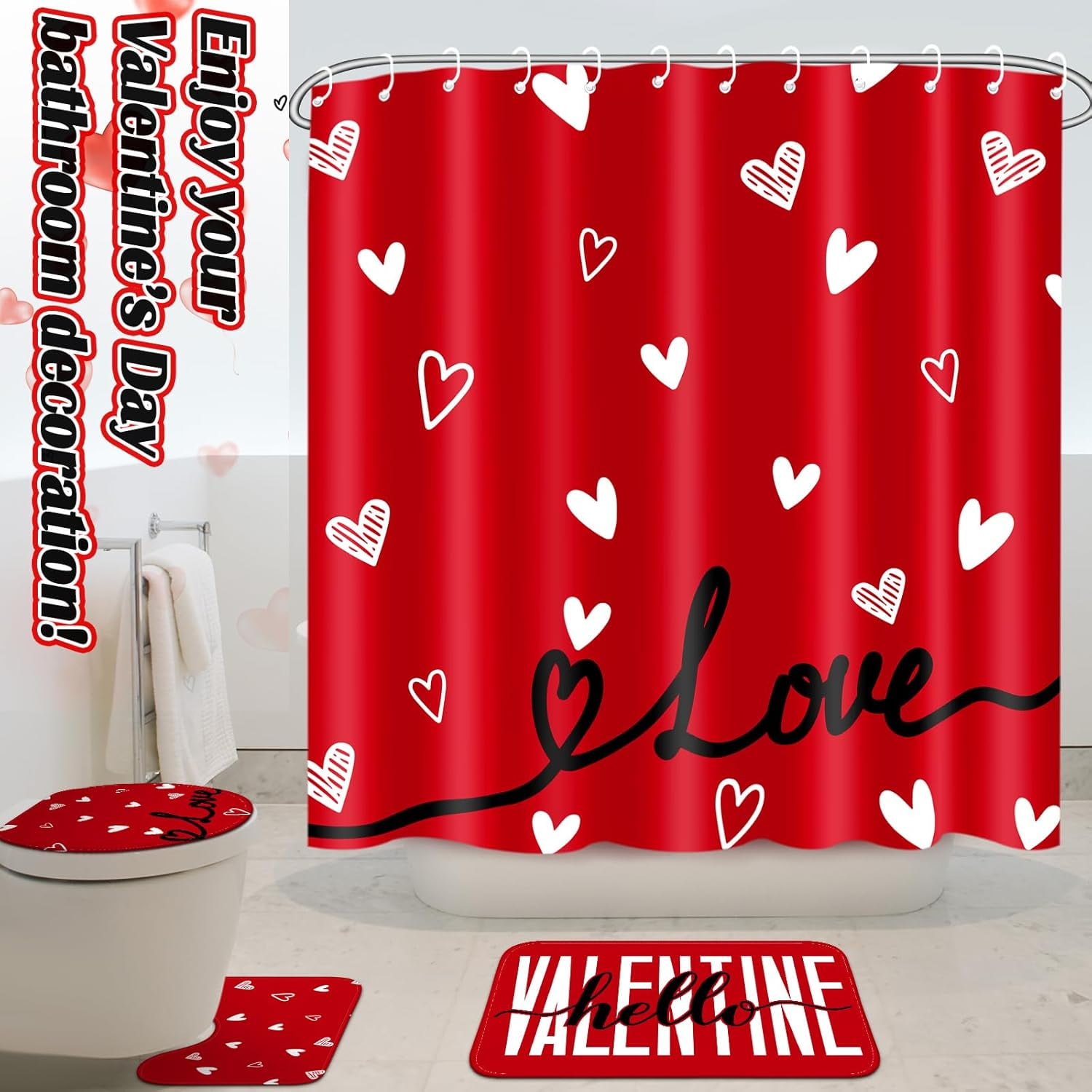 Valentine's Day Shower Curtain Set, Non Slip Rugs Toilet Lid Cover U Shape Bath Mat and 12 Hooks Love Heart Shape Red Bathroom Supplies for Valentines Accessories Decor Set