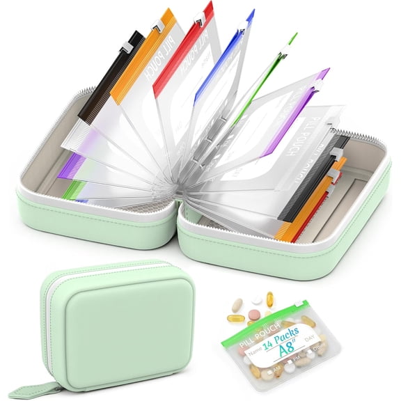 A8 Waterproof Pill Pouch Set, Large Weekly Pill Organizer with 14 Color-Coded Medicine Pouches, Reusable Travel Medicine Organizer, Zippered Pill Storage for Fish Oils, Vitamins (Green)