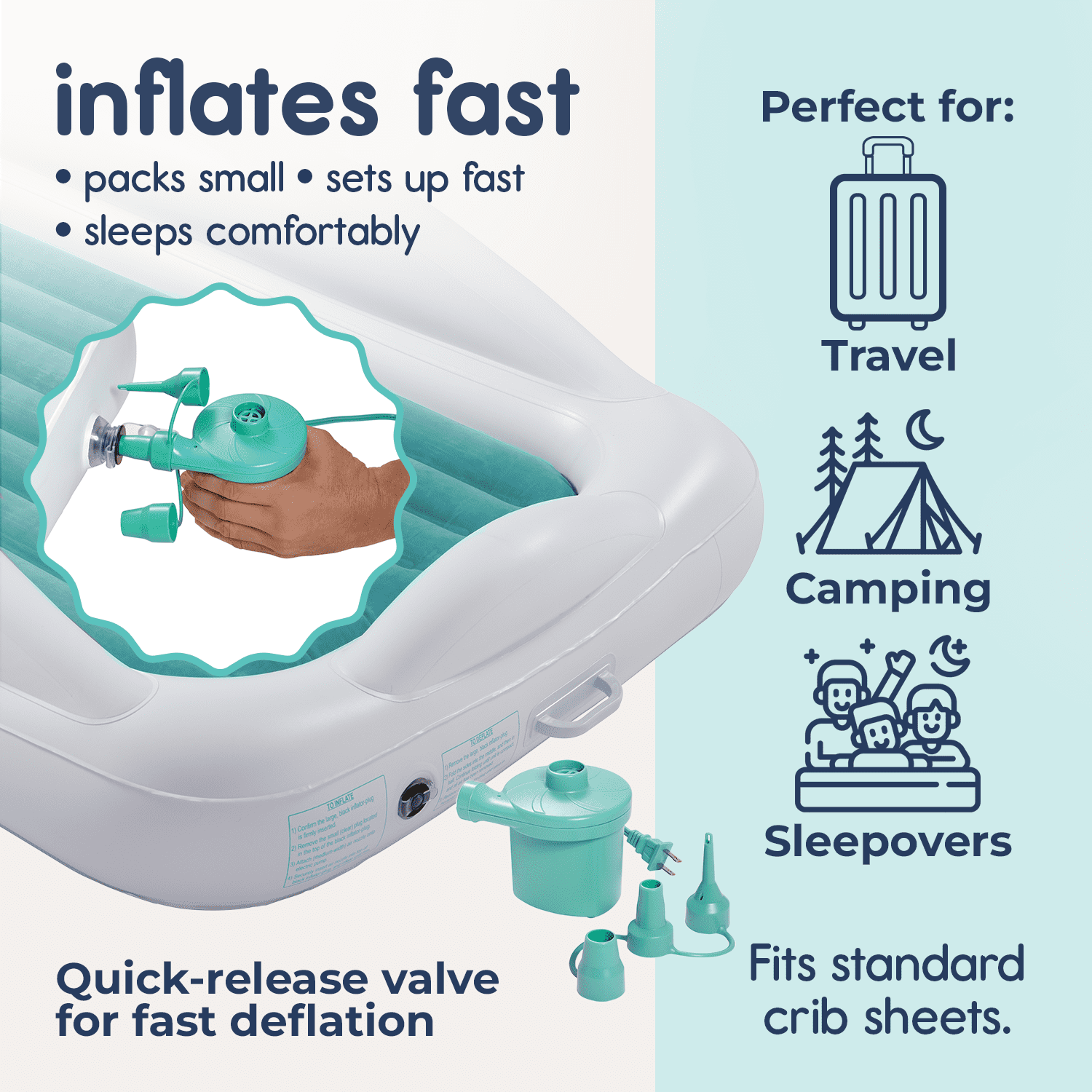 Hiccapop Inflatable Toddler Travel Bed with Safety Bumpers, 4-Sided Portable Toddler Bed for Kids, Toddler Air Mattress, Kids Air Mattress, Teal Blue
