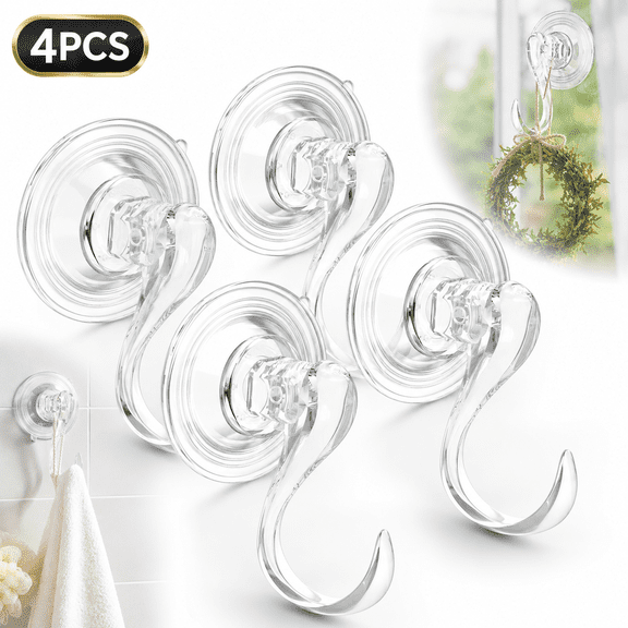 Emlimny 4 Pcs Suction Cup Hooks, Small Clear Heavy Duty Vacuum Suction Hooks with Wipes Removable Window Glass Door Suction Hangers Reusable Suction Cup Holders for Kitchen Bathroom Shower Wreath