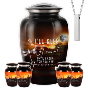 Set of 6 Moonlight Black Aluminum Cremation Urns &ndash; Memorial Set with 1 Large Adult Urn for Ashes, 4 Keepsake Urns & 1 Necklace