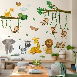 Jungle Animals Wall Decals | Safari Monkey Lion Wall Stickers | Kids Room Nursery Living Room Decor