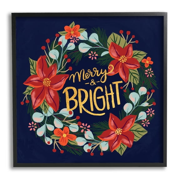 Merry And Bright Calligraphy Floral Poinsettia Wreath Botanical & Floral Graphic Art Framed Art Print Wall Art