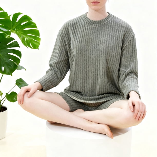 Conjunto De Trajes De Manga Larga Para Mujer, Pantalones Cortos De Manga Larga, Ajuste Holgado, Agradable A La Piel Para El Invierno