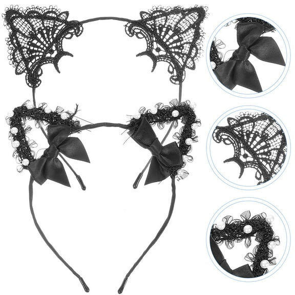 LOLIPPYY 2-Pack Black Cat Ear Headbands with Lace Detail, Alloy Material Party Accessories for Women and Girls