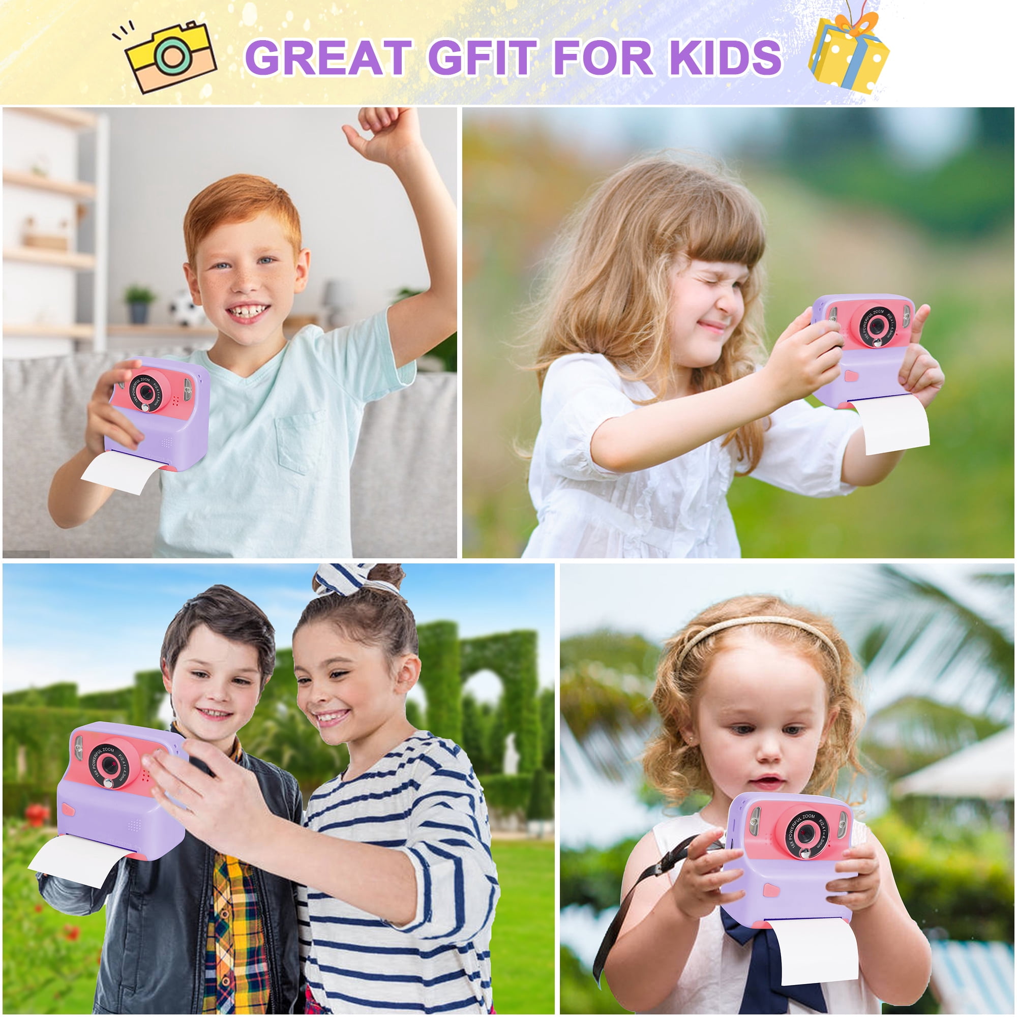 Yexmas Instant Print Digital Kids Camera 1080P Rechargeable HD Digital Toy Cameras Gift with 32G SD Card for Age 3-12, Purple