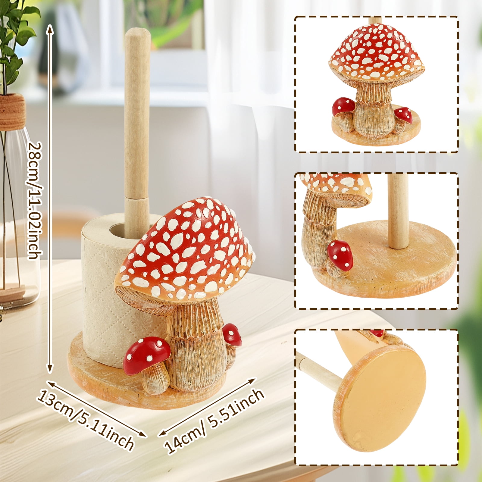 Threns Mushroom Pattern Paper Towel Holder Resin Tissue Paper Roll Display Stand Decor Unique Towel Roll Storage with Wooden Base for Home Kitchen Dining Room Countertop