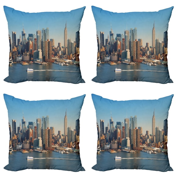 Ambesonne Urban Throw Pillow Cover 4 Pack, NYC Skyline River Scenery, 24", Blue Brown