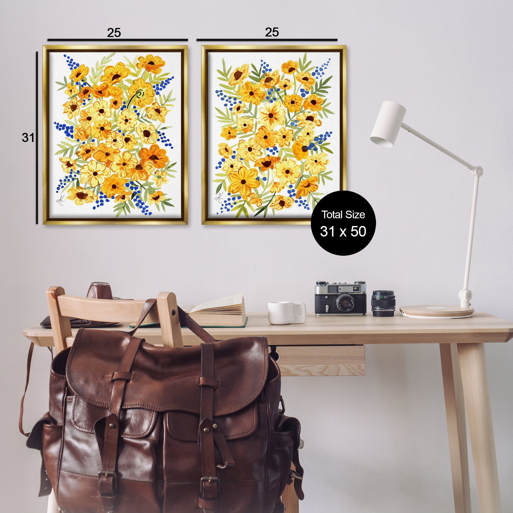 Stupell Industries Golden Cosmos with Blue Berries Plants & Flowers Painting Gold Floater Framed Canvas Art Print Wall Art, 31 x 25, Set of 2