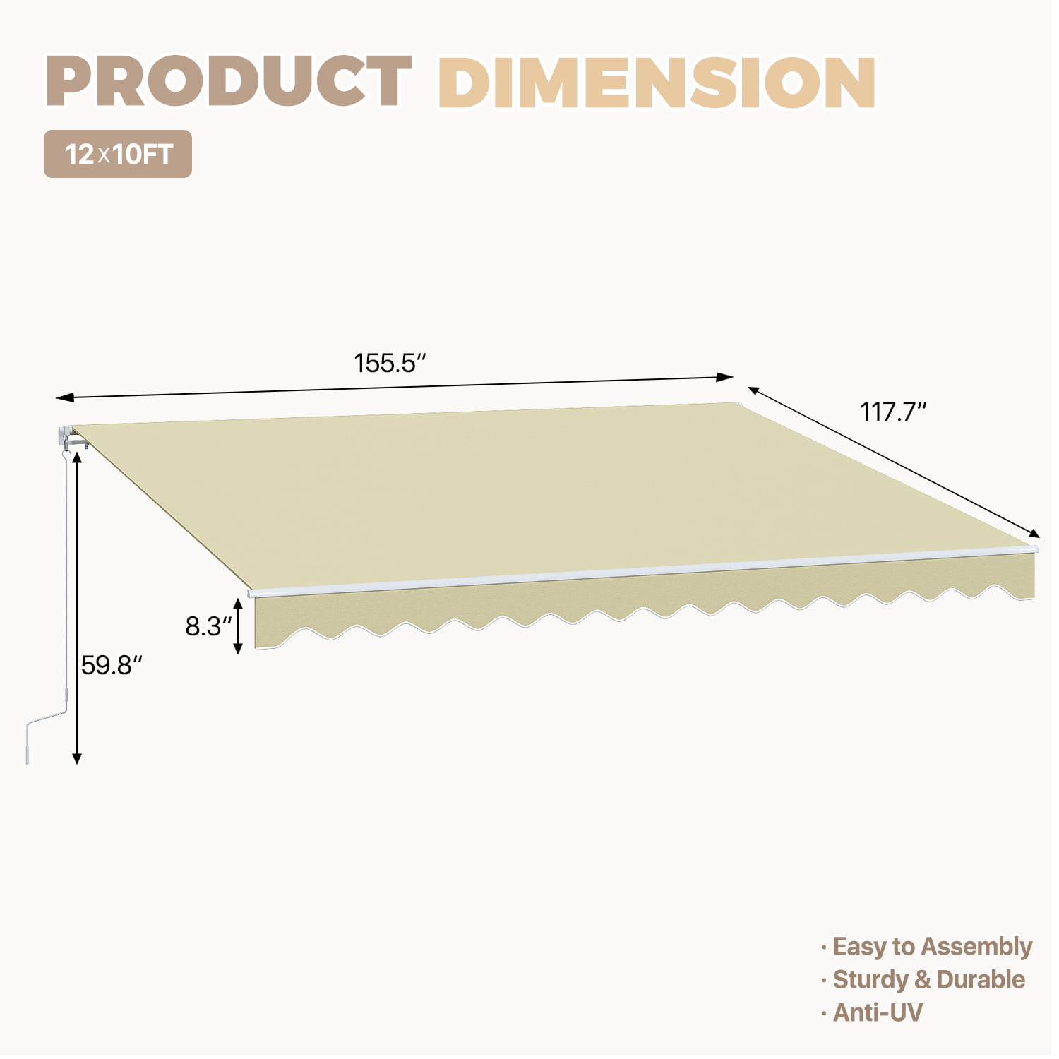 BaPiPro 12'x10' Manual Retractable Awning for Patio, Outdoor Sun Shade Waterproof Fabric Canopy with Crank Handle, UV Protection for Deck Balcony, Beige