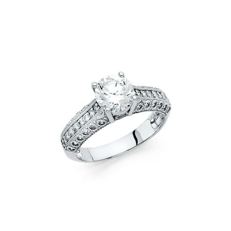 White Gold Engagement Brilliant Ring - 14K Solid White Gold Brilliant Round Cut Cubic Zirconia Wedding Engagement Ring, Size 4