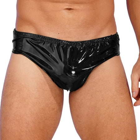 YONGHS Men Shiny Faux Leather Briefs Lingerie Low Rise Bulge Pouch Panties Underwear Black XXL