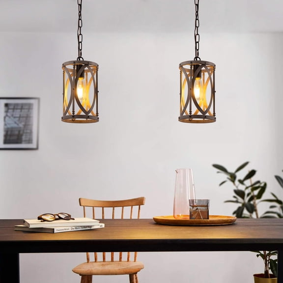 YANSUN 7.87"W 1-Light Pendant Light, Rustic Wood Grain Metal Hanging Lamp, E26 Base, Adjustable Height, Farmhouse Chandelier for Dining Room, Kitchen Island, Bedroom