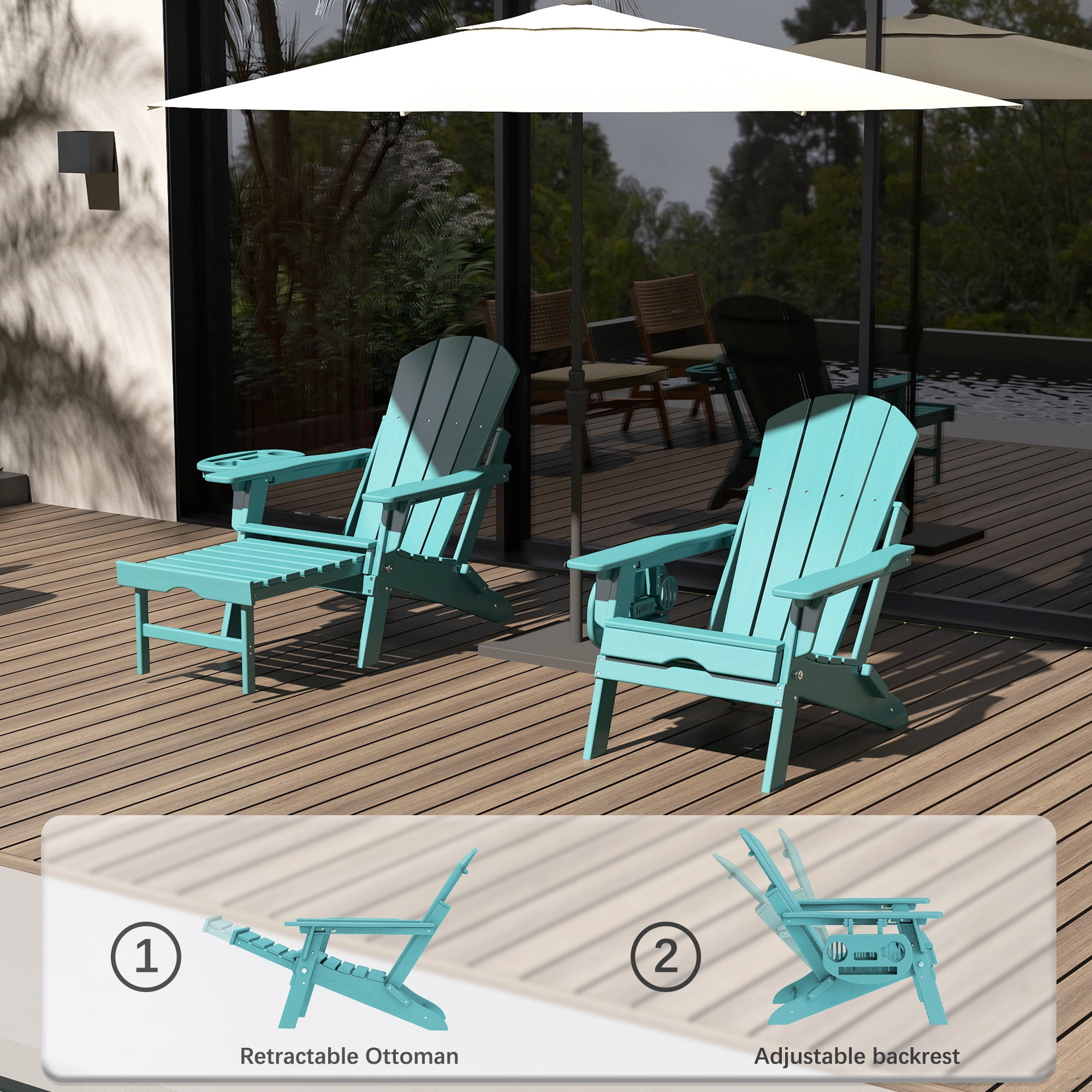 Folding Adirondack Chair with Retractable Ottoman, HDPE All-Weather Resistant Adjustable Backrest Adirondack Chair w/4 in 1 Cup Holder Trays, Aruba Blue