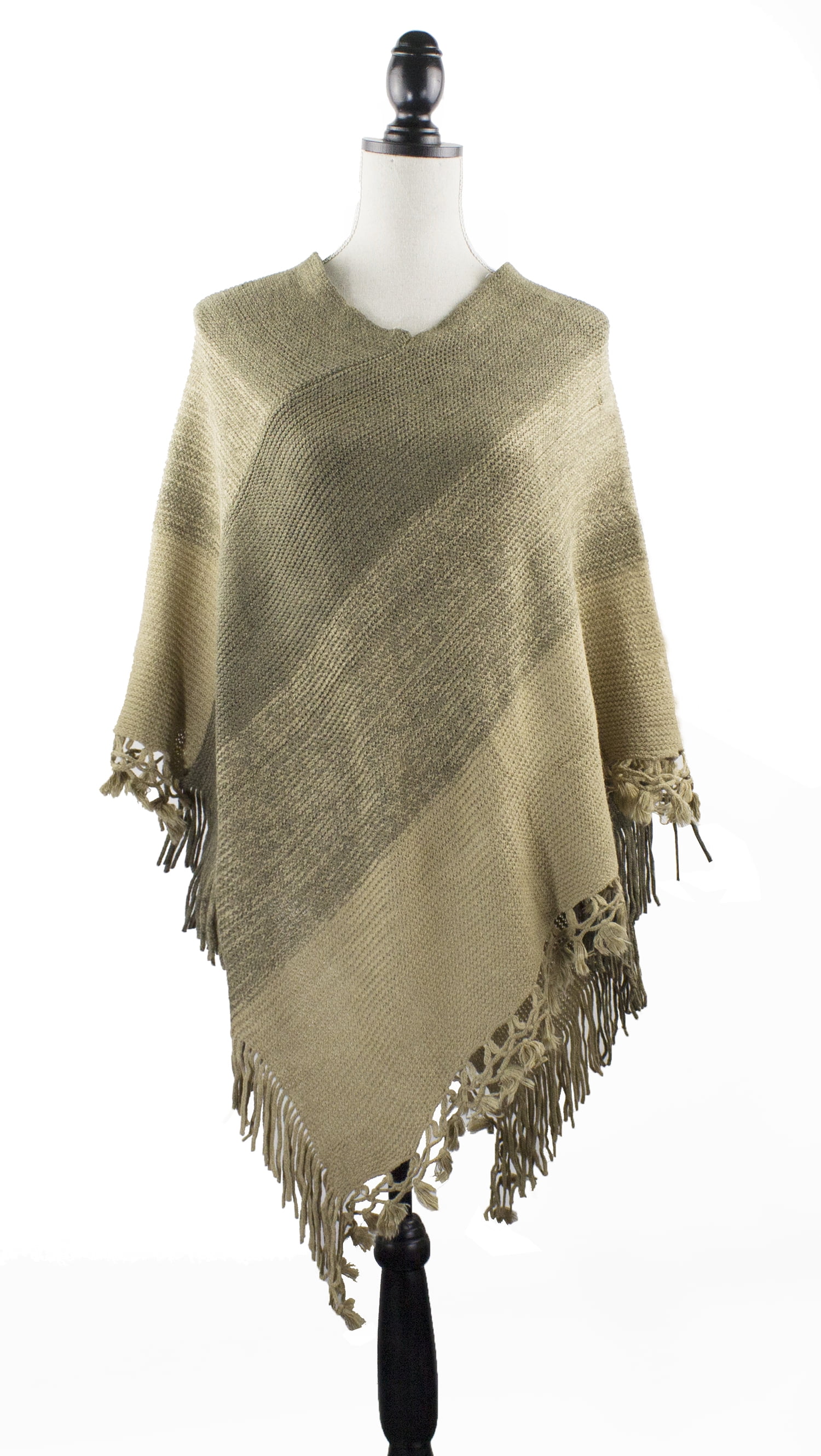 Color Block Fringe Detail Poncho - Ivory / One Size