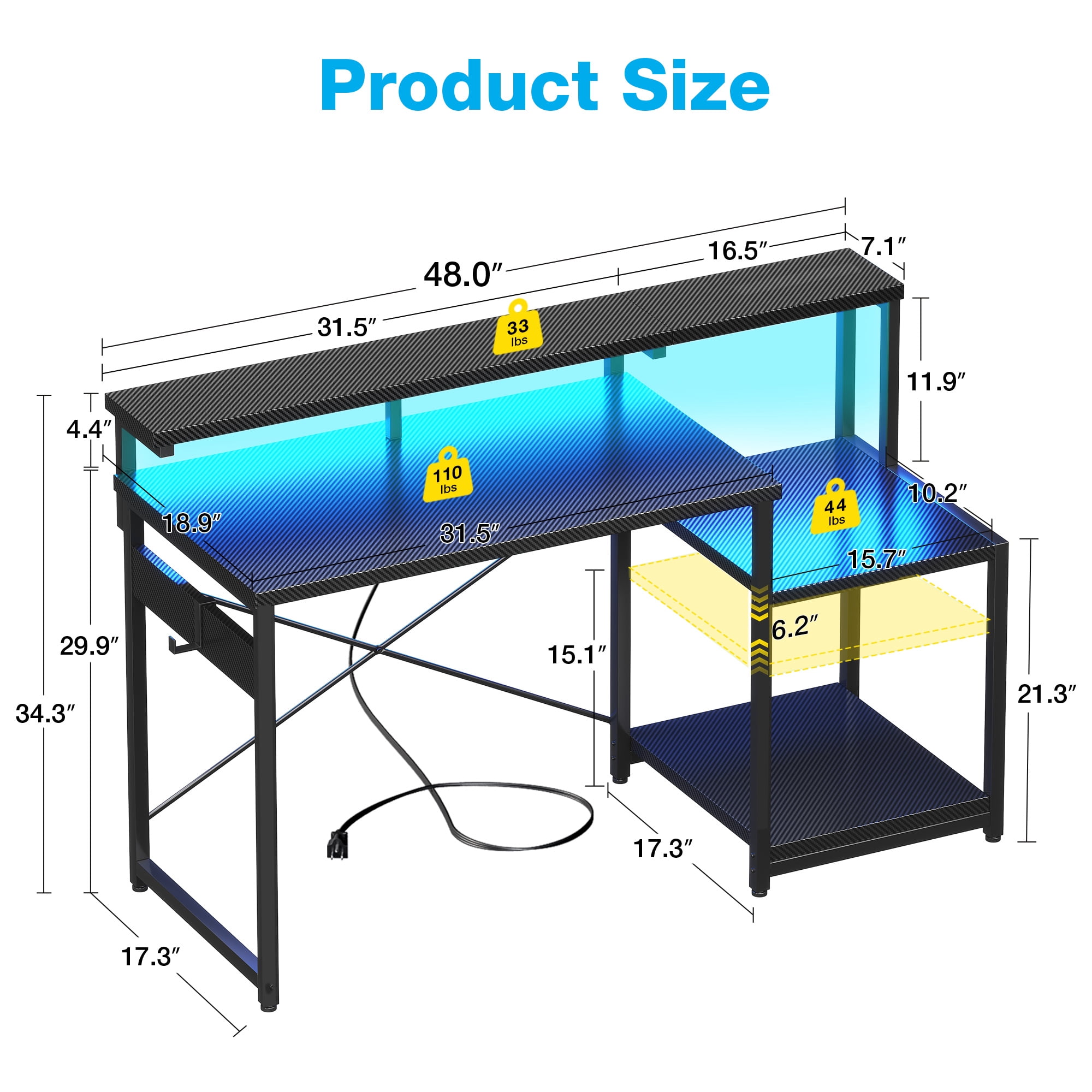Casacomoda 48 Inch Computer Desk with Monitor Stand & LED Lights, Home Office Desk with Adjustable Printer Shelf & CPU Stand, Black Carbon