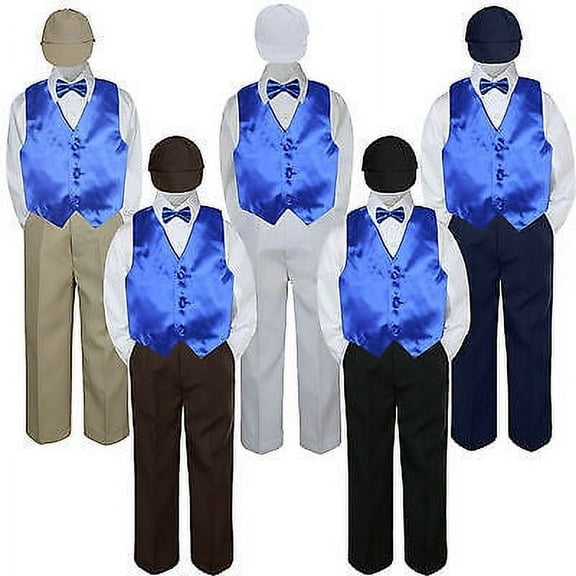 5pc Boy Suit Set Royal Blue Vest Bow Tie Baby Toddler Kid Formal Hat Pants S-7